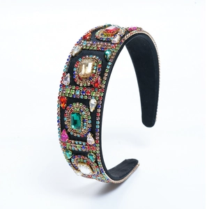 Detailed view of luxury baroque headband with multicolor rhinestones and large crystals