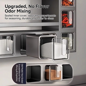 Wall-mounted seasoning box with transparent drawers and grey-black moisture-proof design