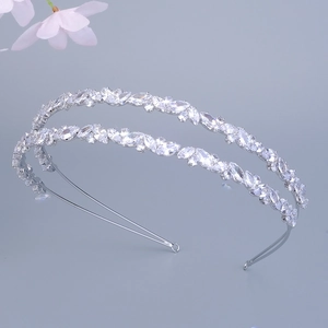 Detail of silver double-layered headband with marquise-cut sparkling zircon stones