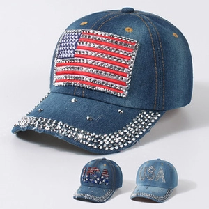 Detail of distressed denim baseball cap with rhinestone American flag and USA studs