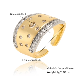 Detailed view of bicolor adjustable copper ring with zircon inlay and product measurements