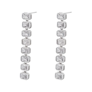 Vertical drop earrings featuring eight rectangular step-cut cubic zirconia in silver bezel