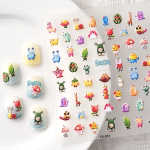 5D cartoon monster nail art stickers with colorful embossed animal patterns and 3D textures