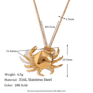 18K gold plated 316L stainless steel crab pendant necklace for women with size details