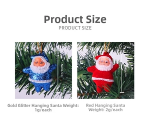 Close-up of mini Santa ornaments in blue glitter and red velvet for Christmas tree decor