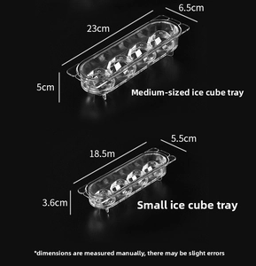 Size chart showing medium and small dimensions for transparent spherical ice cube molds