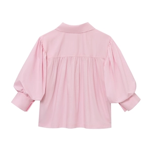 Women's pink casual poplin shirt featuring stylish lapel and box pleat back detail