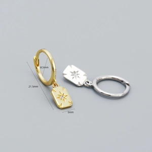 925 silver hoop earrings with star engraved rectangular pendants in gold and silver
