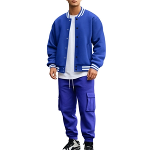 Men's blue fleece baseball jacket and joggers tracksuit set with white side stripes