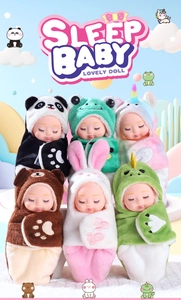 Six sleeping baby dolls in animal-themed plush onesies like panda, frog and unicorn