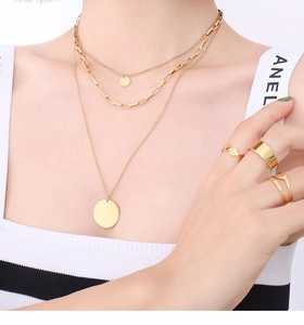 Detail of triple-layer 18K gold-plated stainless steel necklace with round pendants