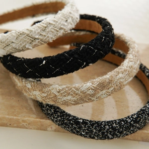 French vintage tweed headbands in black and cream beige with gold thread accents