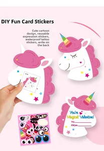 Close-up of Unicorn Valentine DIY card kit with waterproof stickers and writing space