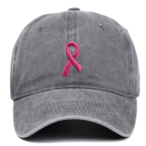 Dark grey washed cotton baseball cap with pink breast cancer awareness ribbon embroidery
