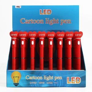 Detail of 48-piece set of LED light-up heart pens in a blue display box with LOVE text