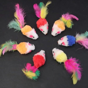 Colorful plush mouse cat toys with bright feather tails set of seven in circular layout