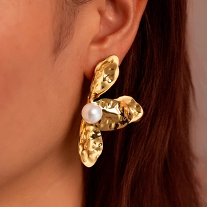 Flower Petal Stud Earrings Stainless Steel With Artificial Pearl Hammered Texture Irregular Vintage Fashion For Women