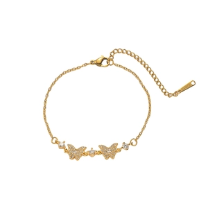 Gold plated stainless steel butterfly bracelet with sparkling zircon stones and chain