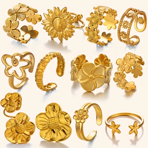 Collection of 18K gold plated stainless steel daisy rings with adjustable open bands