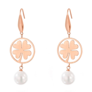 Rose gold stainless steel round earrings with clover pattern and white pearl drop