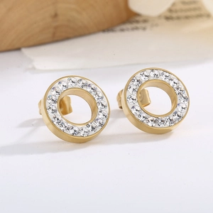 Elegant geometric circular hollow earrings with gold plating and sparkling zircon stones