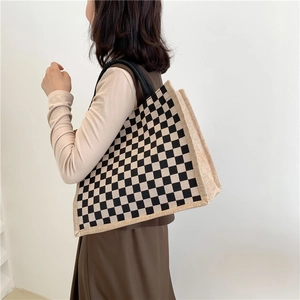 Retro linen tote bag with black and beige checkerboard pattern for daily commuting