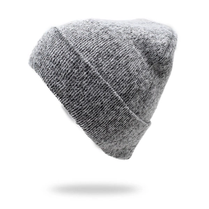 Women's warm winter beanie with heather grey knit texture and wide folded brim