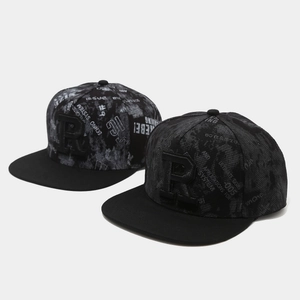 Detail of 3D embroidered 'R' and graffiti print on flat brim hip-hop snapback hats