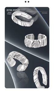 Detailed view of textured S925 sterling silver rings with geometric irregular patterns