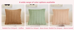 Detail of ribbed faux rabbit fur pillow covers in coffee, green and camel shades