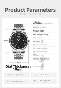 Detail view of quartz watch specifications with dial dimensions and water resistance info