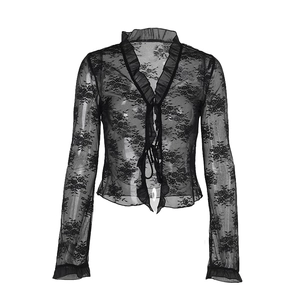 Gilet chic en dentelle noire à motifs floraux avec col en V et fermeture à lacets devant