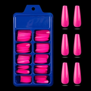 Macro view of bright magenta long glossy press-on nails in a 10-grid blue storage box set