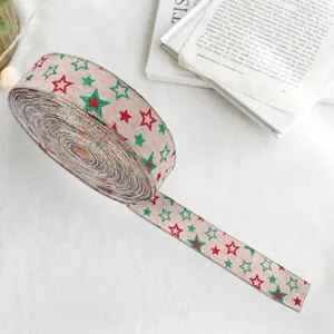 Ruban de Noël en lin de 6,5 cm avec étoiles scintillantes rouges et vertes pour déco