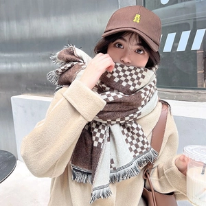Classic British plaid cashmere-like scarf in brown and cream with soft fringe details