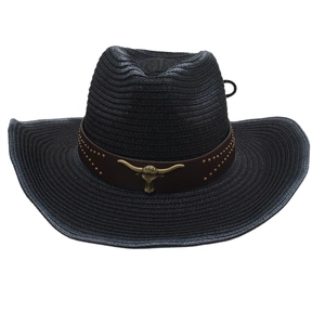 Black straw western cowboy hat with vintage bull head leather band and gold studs