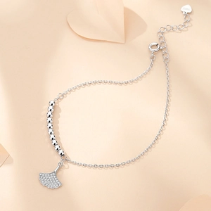 S925 sterling silver ginkgo leaf bracelet with polished beads and sparkling crystals