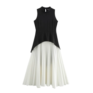 Damen Elegantes Ärmelloses Maxikleid Farbblock Plissiert Hohe Taille Herz Ausschnitt Künstliches Lagenoptik Polyester