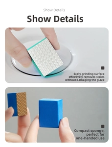 Detail view of the scale-like abrasive surface and blue sponge for glass cleaning