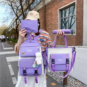 Purple canvas backpack 4-piece set including laptop bag and crossbody bag for students