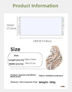 Scarf size guide showing 190x70cm dimensions and 100% polyester fabric details
