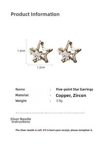 Detail view of star-shaped earrings with zircon inlay, size 1.2cm and copper material