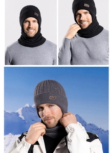 Macro detail of men's winter knitted beanie hat with plush fleece lining and neck gaiter