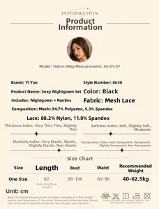 Lingerie size guide and material specs for black lace and mesh sheer nightdress