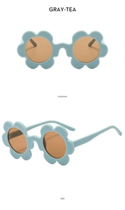 Detailed macro view of gray-tea flower shaped sunglasses showing positive and side perspectives