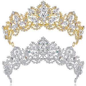 Detail view of gold and silver baroque bridal tiaras with sparkling rhinestones