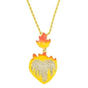 Hip hop luminous flame heart pendant with gold Cuban chain and yellow gradient rhinestones