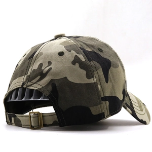 Camo baseball cap with adjustable metal buckle and woodland camouflage pattern