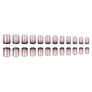24 faux ongles French nude brillant avec bouts noirs et forme carrée courte de haute qualité