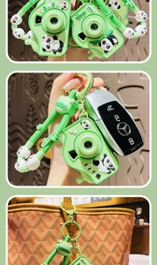 Detail of cute panda projection camera keychain used as car key and bag accessory